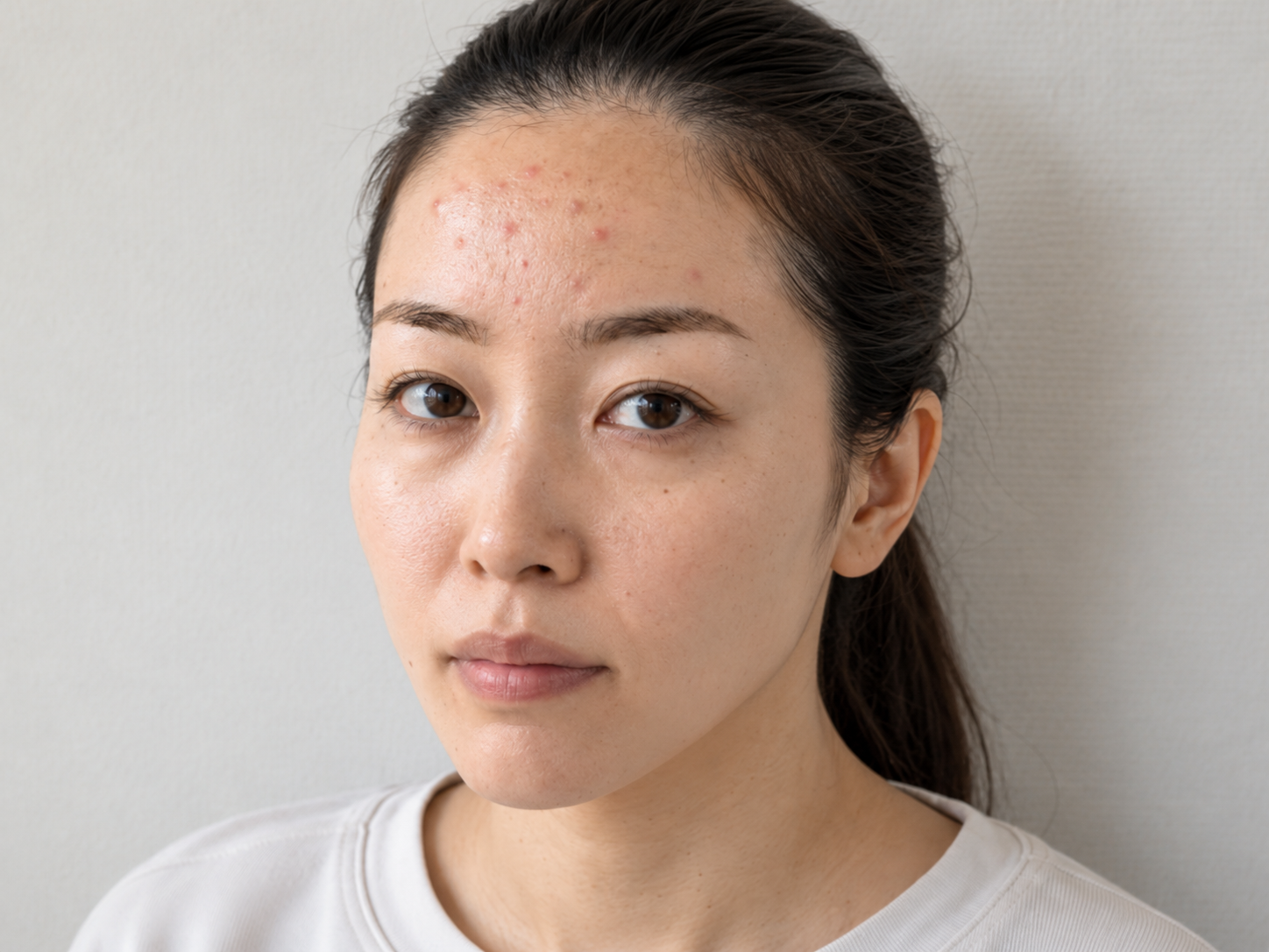 おでこにニキビが複数ある女性